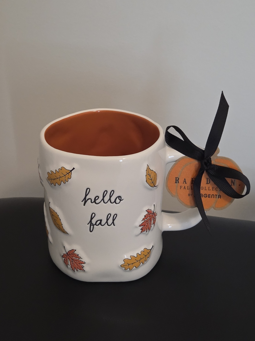 Rae Dunn White 'hello fall' Mug with Orange Interior and Leaf Accents